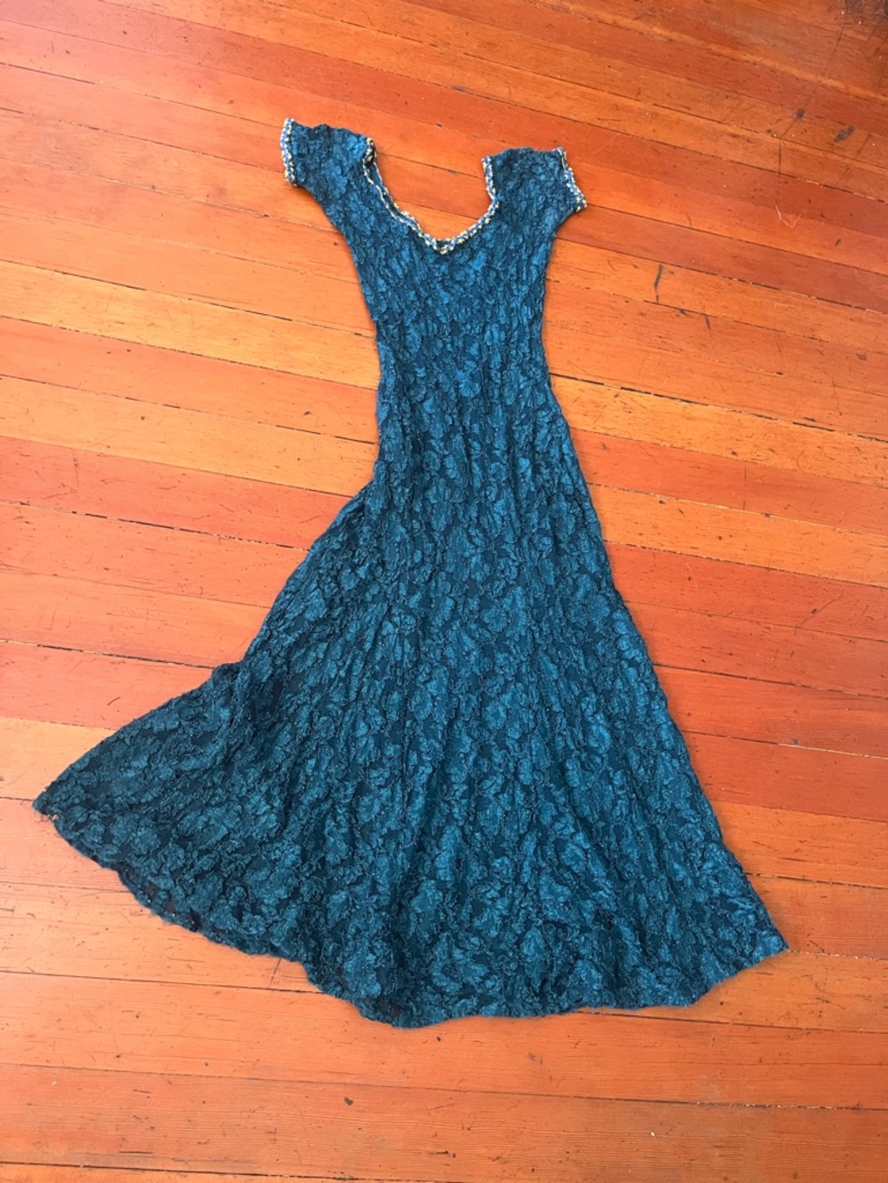VINTAGE Betsey Johnson Teal Lace Maxi Dress with Scoop Neck
